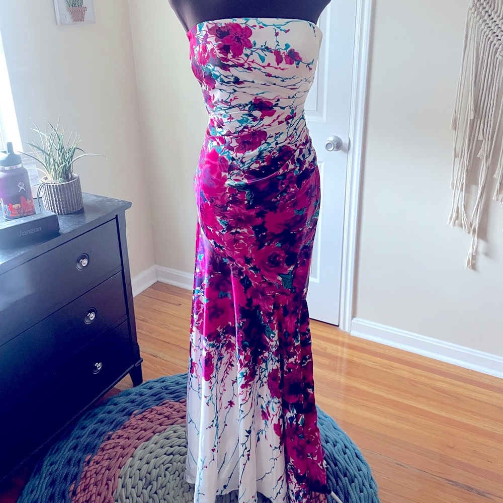 Strapless Floral Prom Homecoming Formal Dress with train